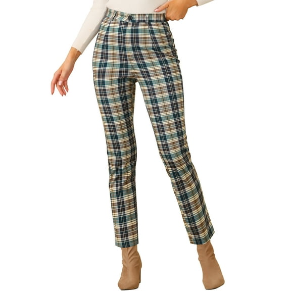 DARING DIVA Women's Plaid Trousers Button Tartan Check Work Pants XL Green