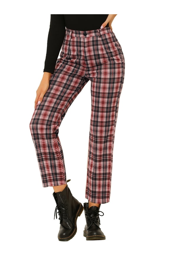 Women's Plaid Trousers Button Tartan Check Work Pants XL Red
