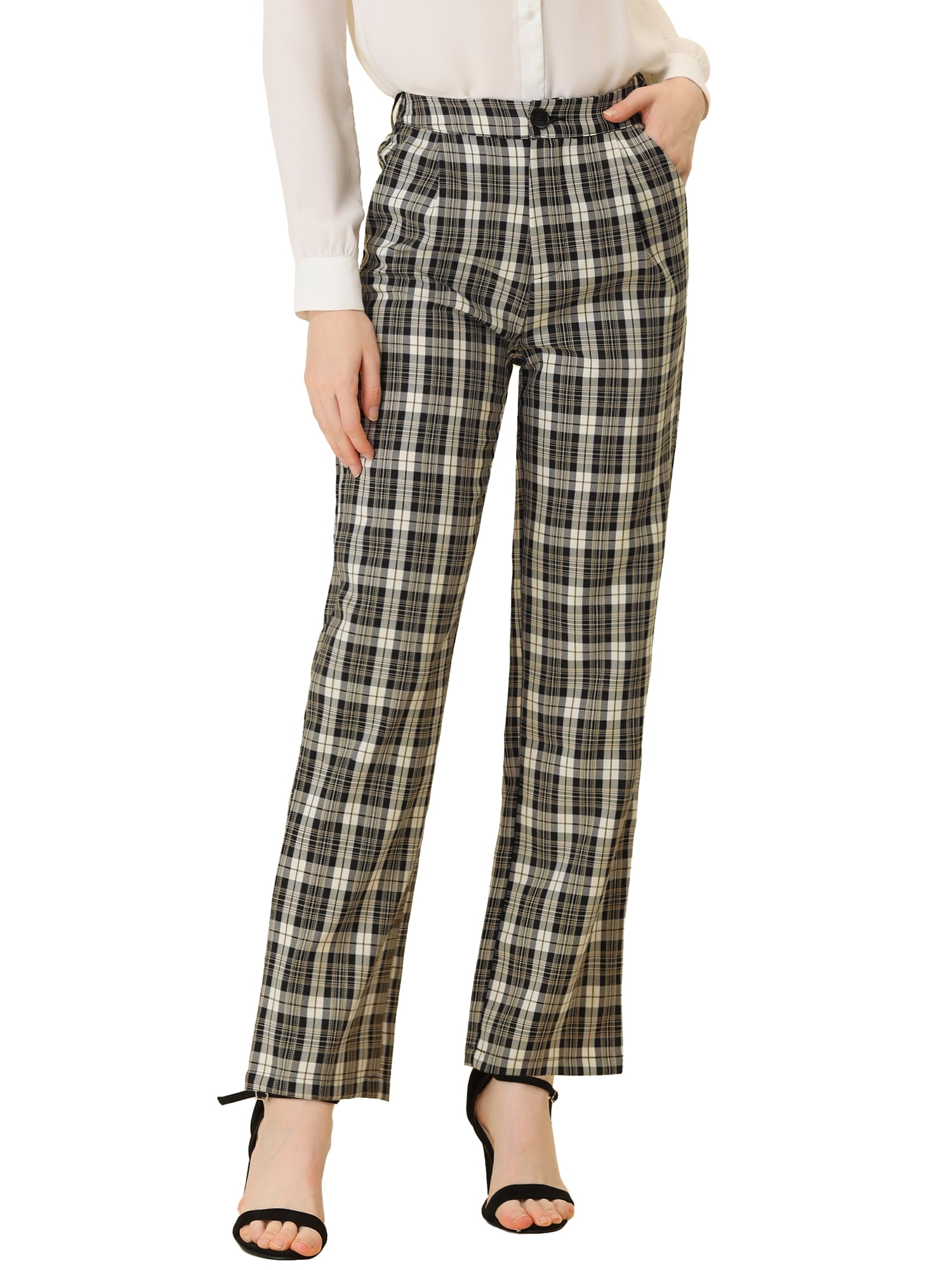 DARING DIVA Women's Plaid Trousers Pockets Straight Leg Casual Pant L Black Beige