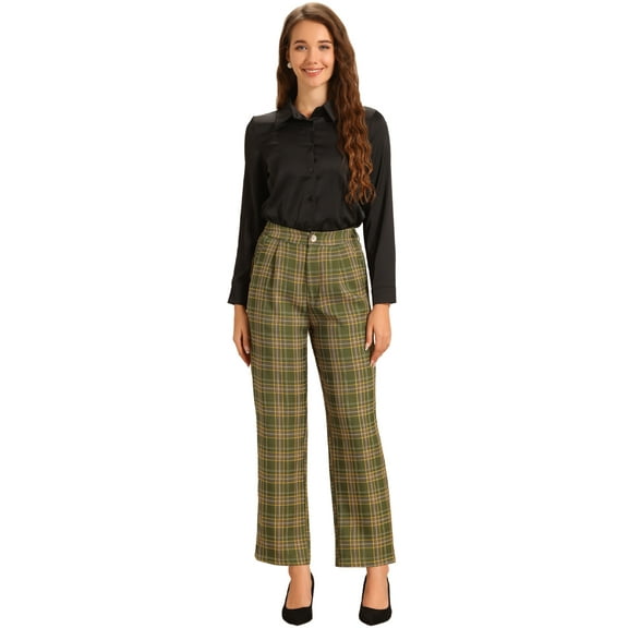 DARING DIVA Women's Plaid Trousers Pockets Straight Leg Casual Pant L Dark Green