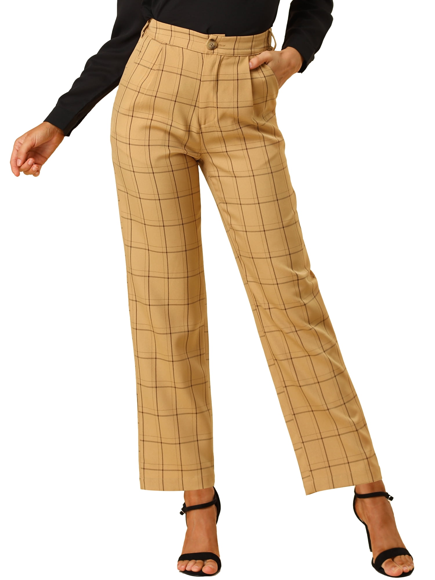 DARING DIVA Women's Plaid Trousers Pockets Straight Leg Casual Pant L Dark Khaki