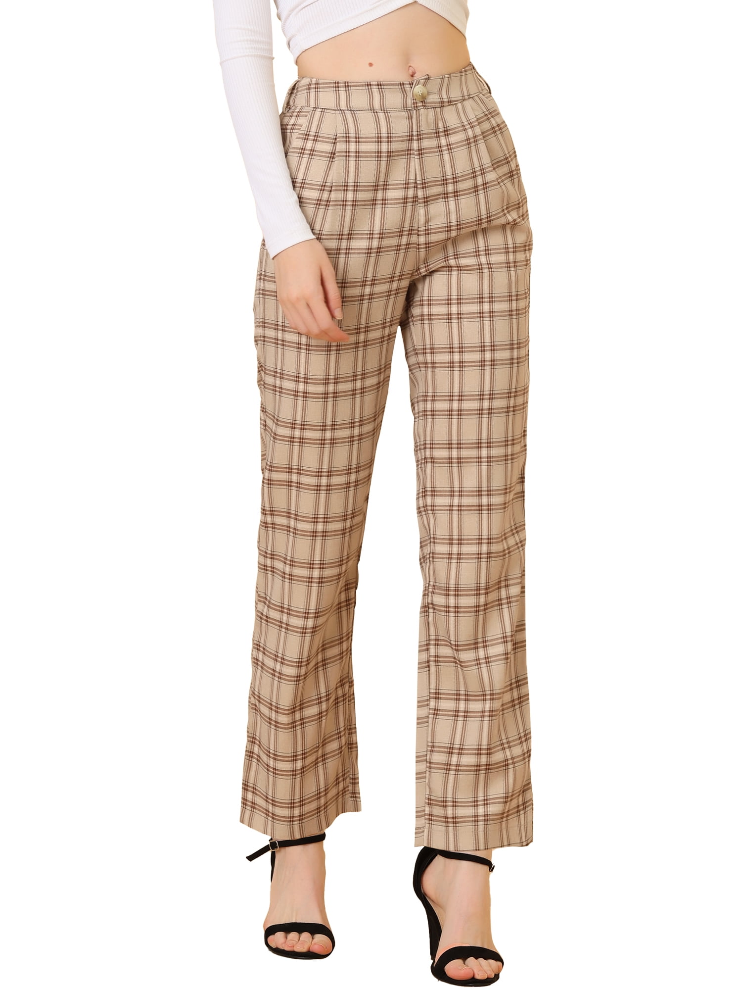DARING DIVA Women's Plaid Trousers Pockets Straight Leg Casual Pant L Light Khaki Brown