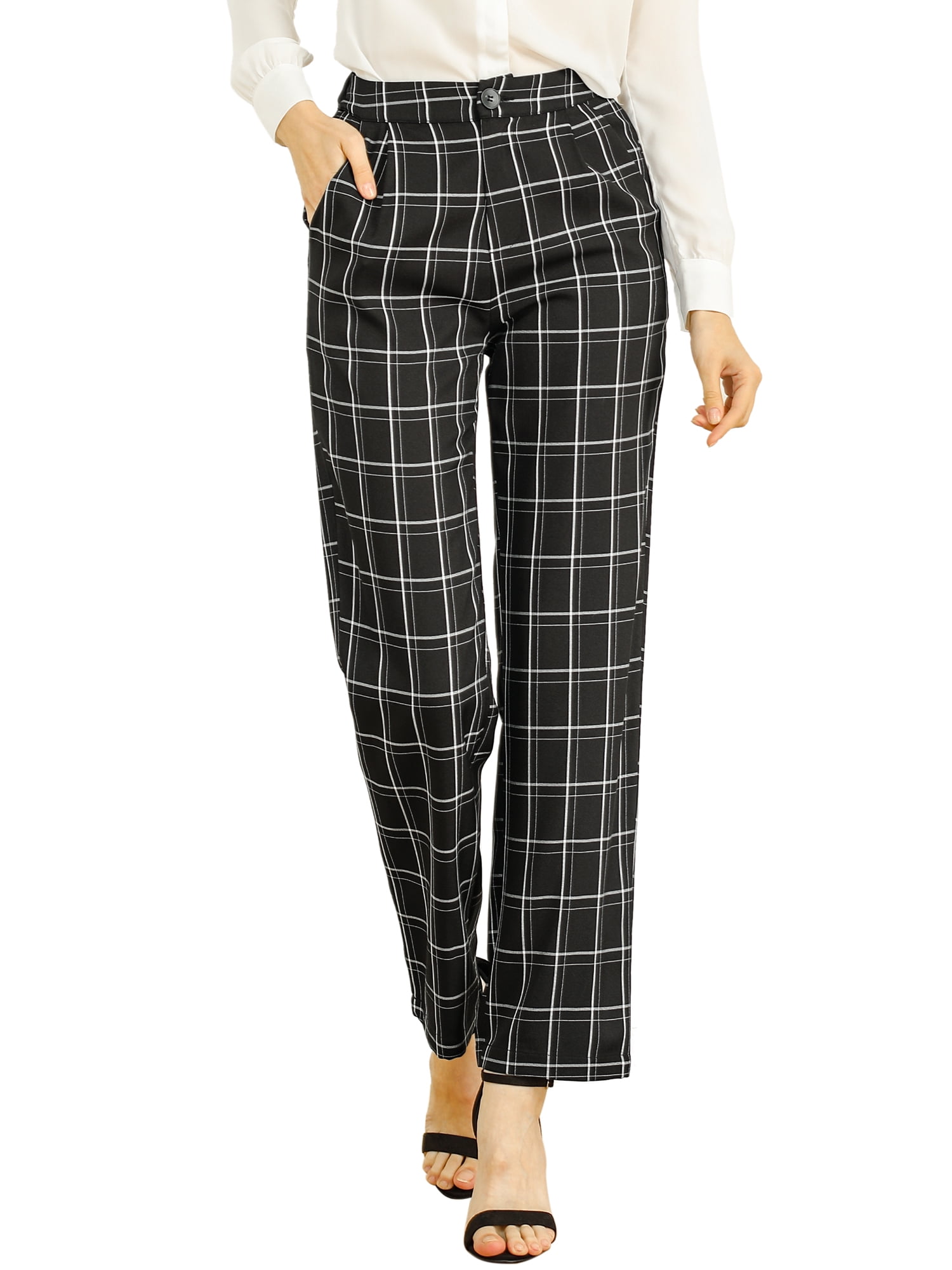 DARING DIVA Women's Plaid Trousers Pockets Straight Leg Casual Pant M Black