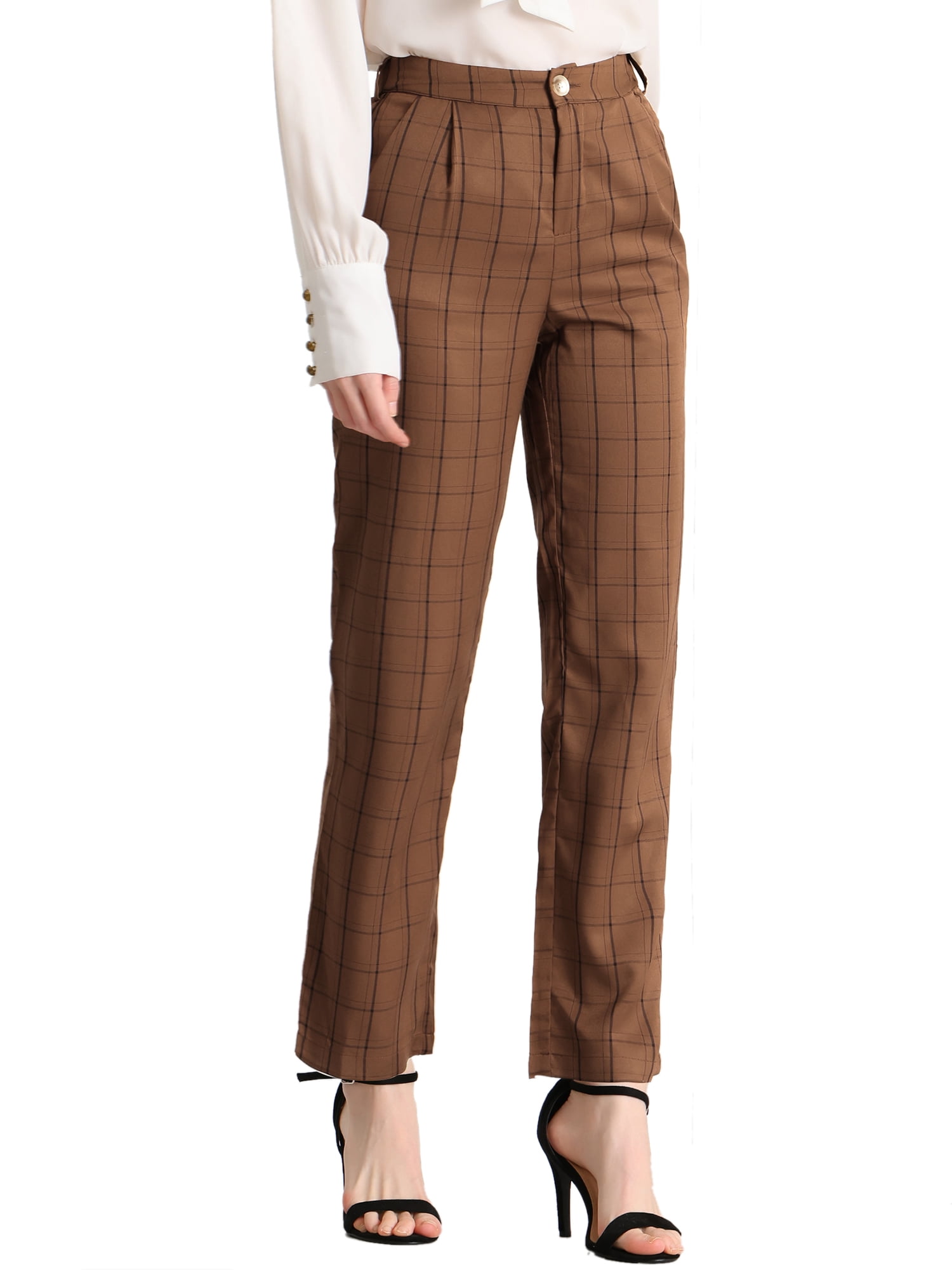DARING DIVA Women's Plaid Trousers Pockets Straight Leg Casual Pant M Dark Brown black