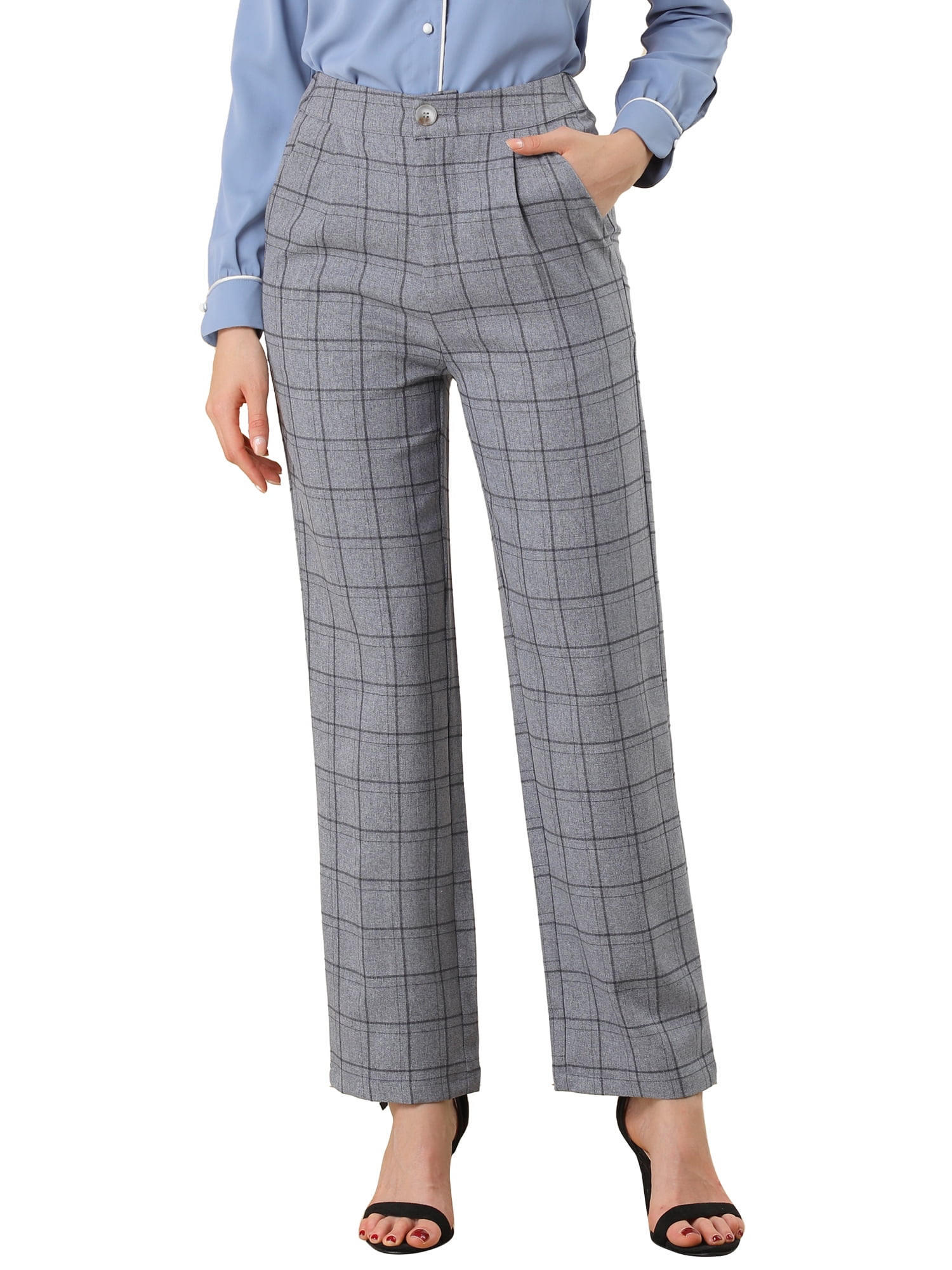 DARING DIVA Women's Plaid Trousers Pockets Straight Leg Casual Pant M Dark Gray