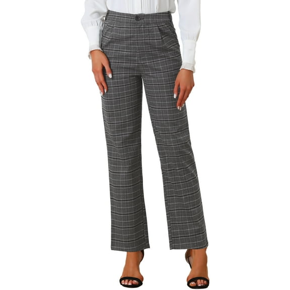 DARING DIVA Women's Plaid Trousers Pockets Straight Leg Casual Pant M Dark Grey Black