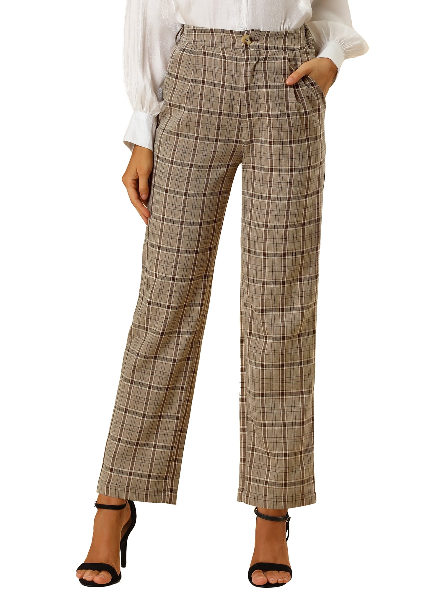 DARING DIVA Women's Plaid Trousers Pockets Straight Leg Casual Pant M Light Brown