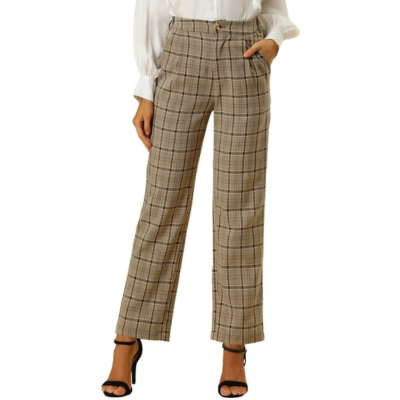 DARING DIVA Women's Plaid Trousers Pockets Straight Leg Casual Pant M Light Brown