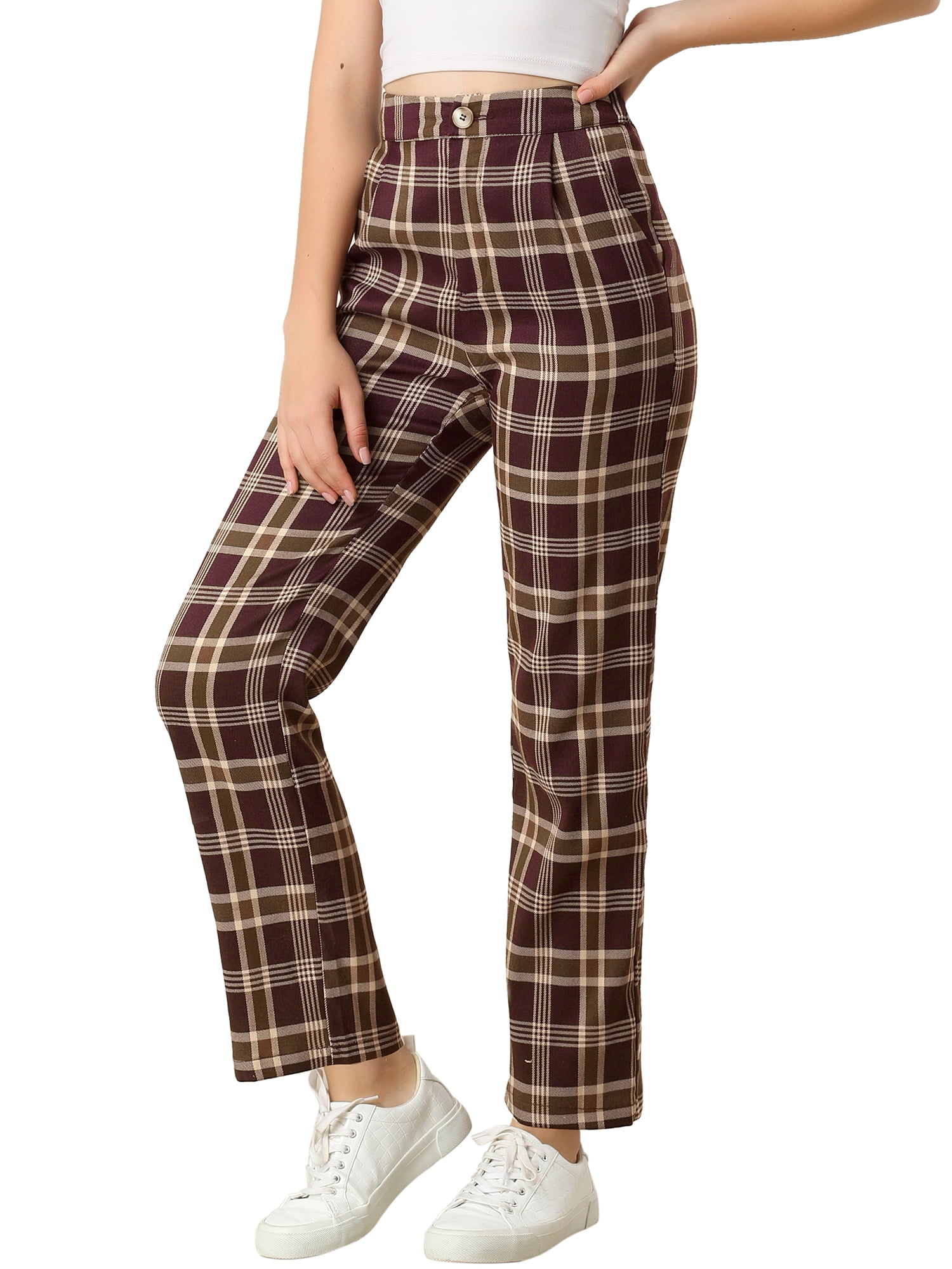 DARING DIVA Women's Plaid Trousers Pockets Straight Leg Casual Pant M Red Brown