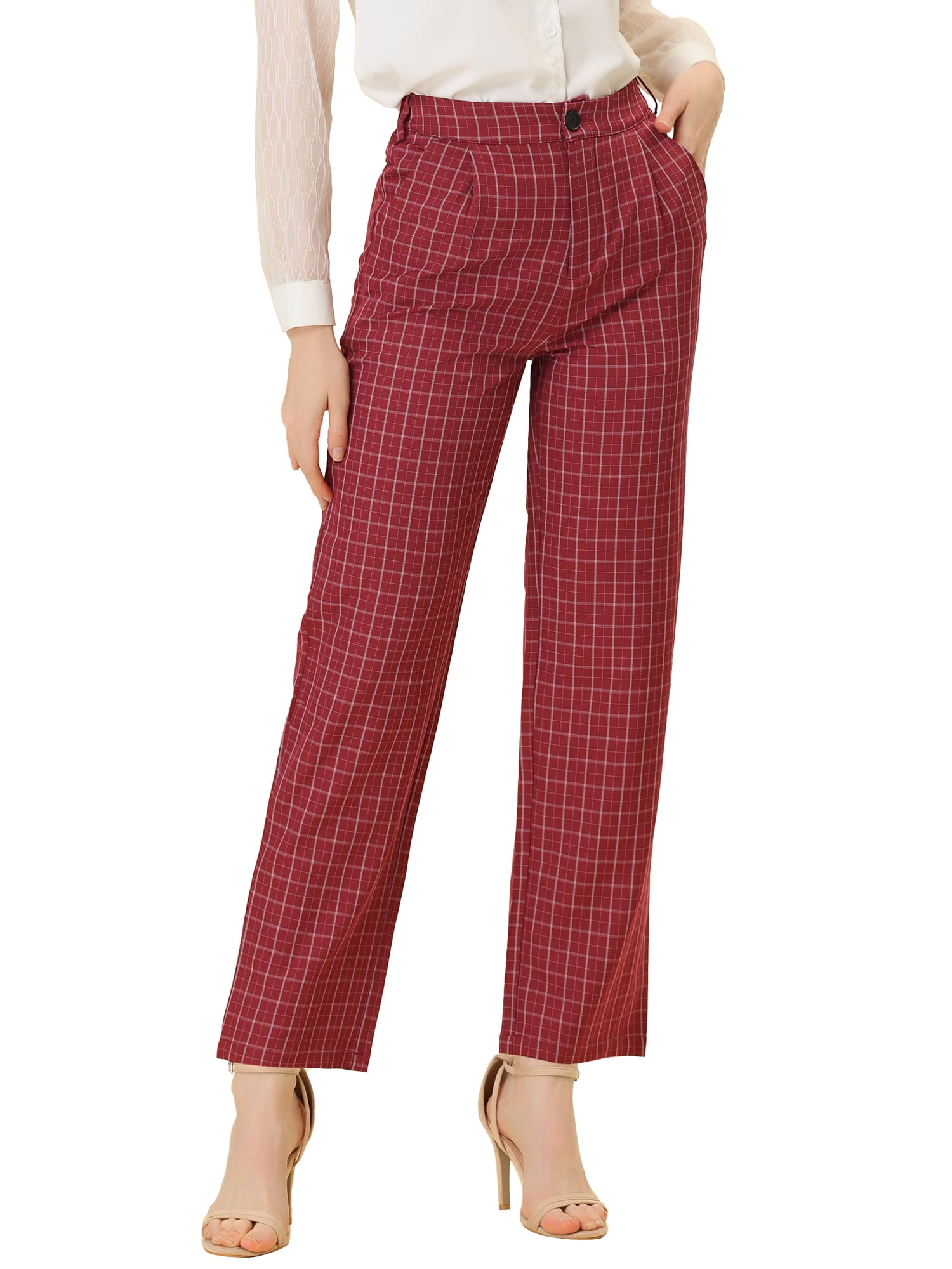 DARING DIVA Women's Plaid Trousers Pockets Straight Leg Casual Pant M Red
