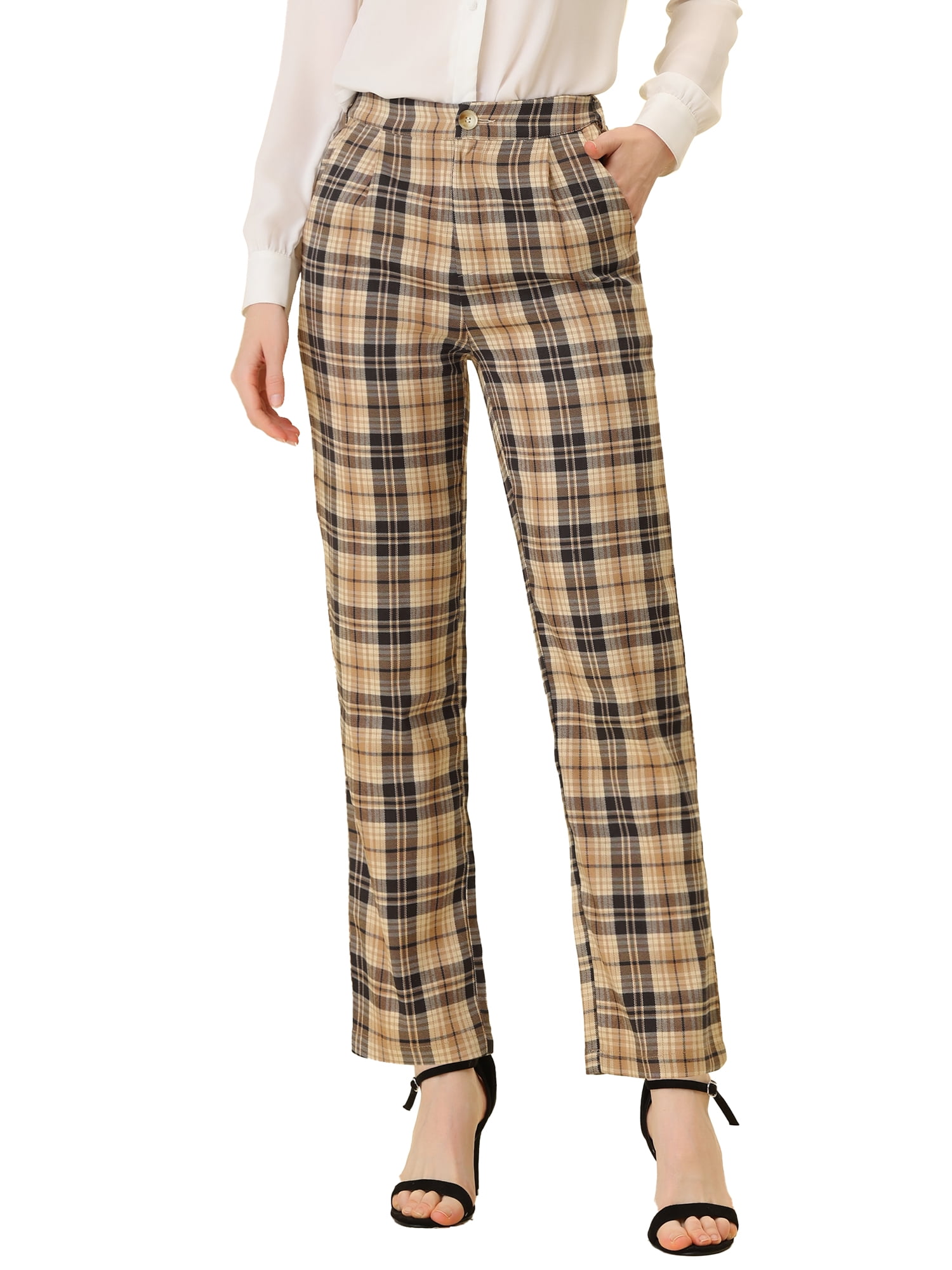 DARING DIVA Women's Plaid Trousers Pockets Straight Leg Casual Pant S Black Khaki