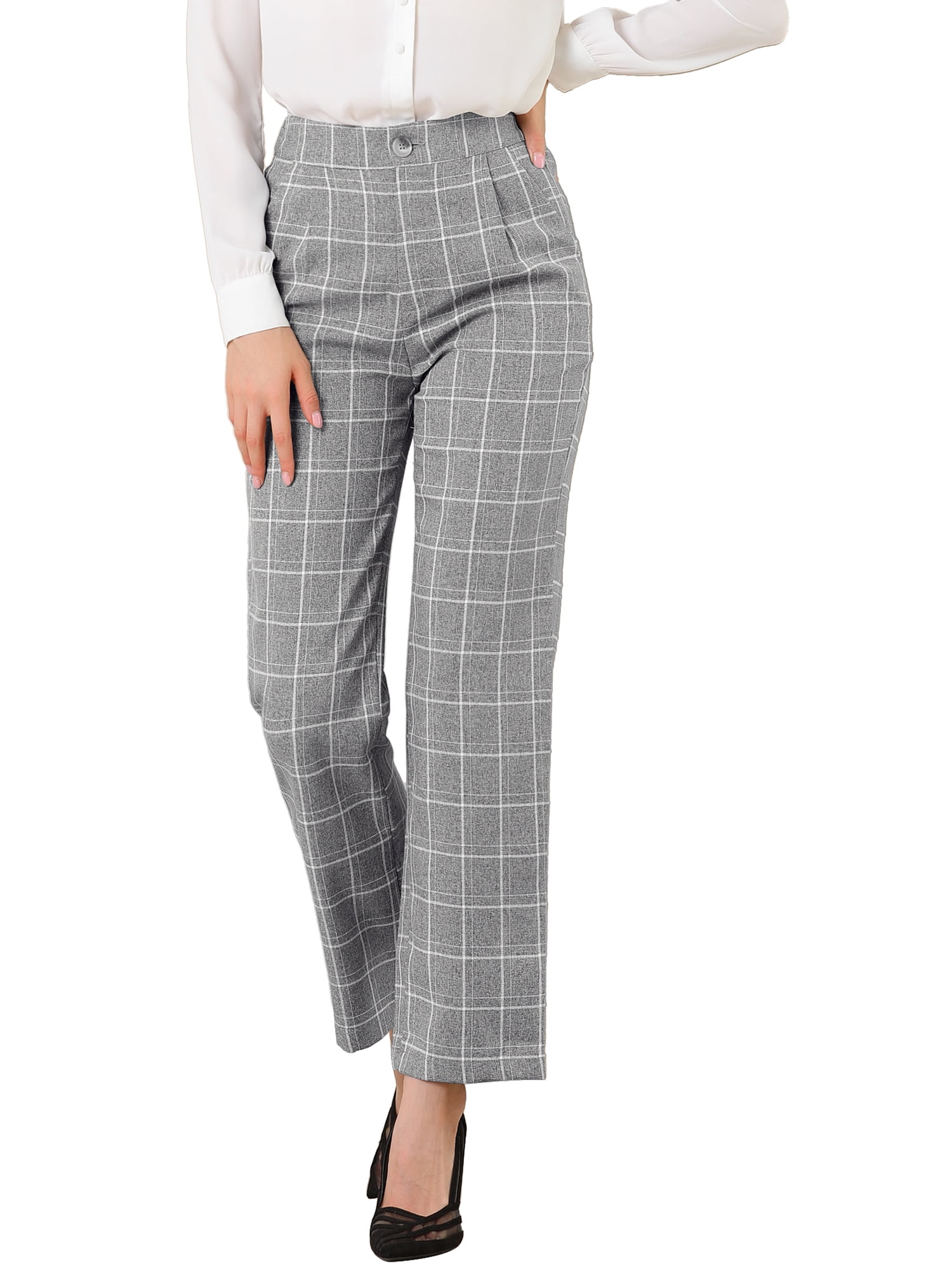 DARING DIVA Women's Plaid Trousers Pockets Straight Leg Casual Pant S Gray