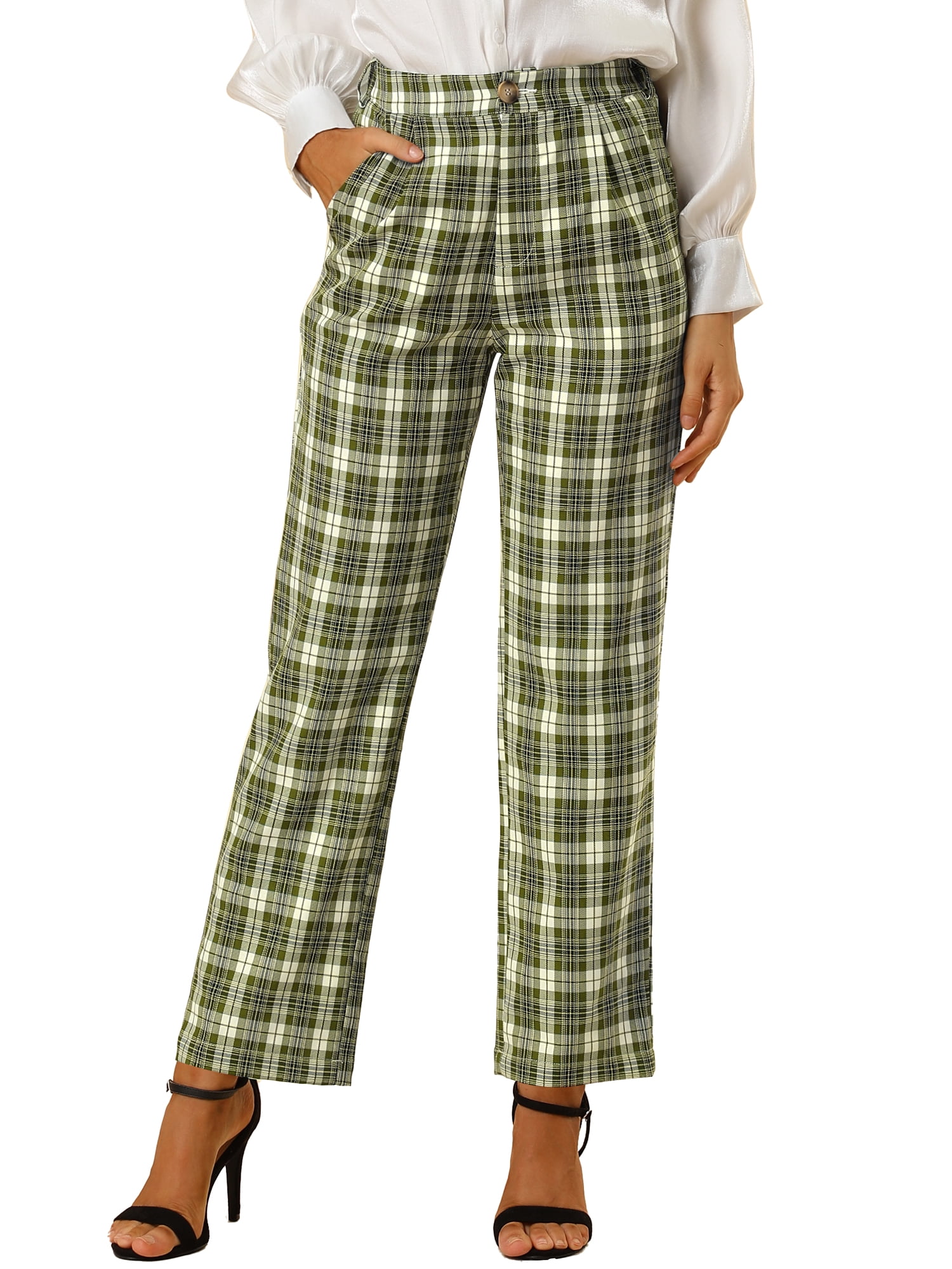 DARING DIVA Women's Plaid Trousers Pockets Straight Leg Casual Pant S Green