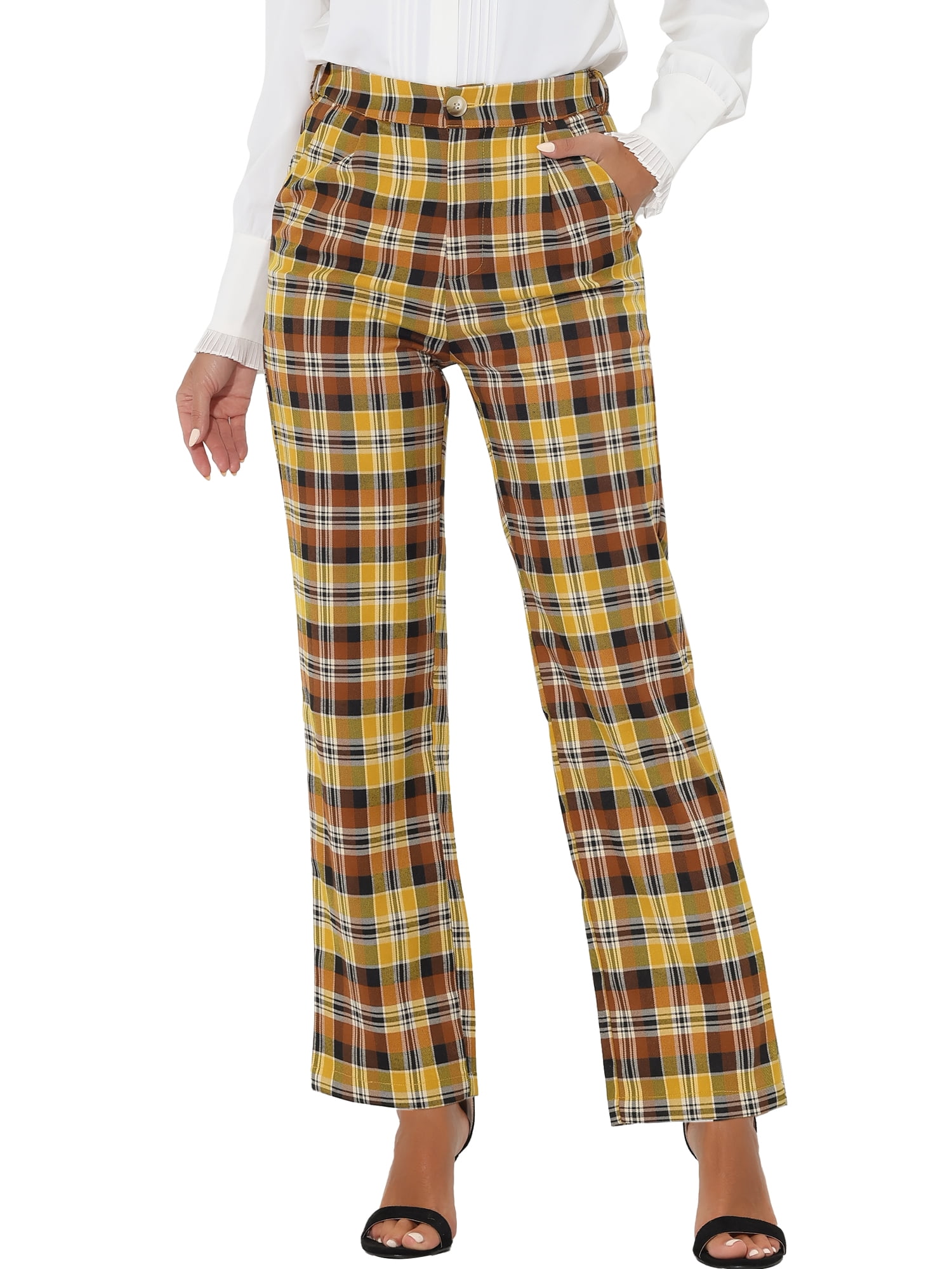 DARING DIVA Women's Plaid Trousers Pockets Straight Leg Casual Pant S Yellow