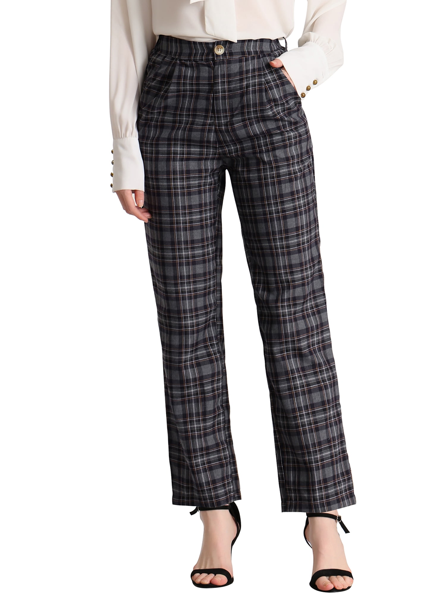 DARING DIVA Women's Plaid Trousers Pockets Straight Leg Casual Pant S dark Gray Black