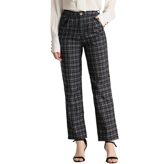 DARING DIVA Women's Plaid Trousers Pockets Straight Leg Casual Pant S dark Gray Black