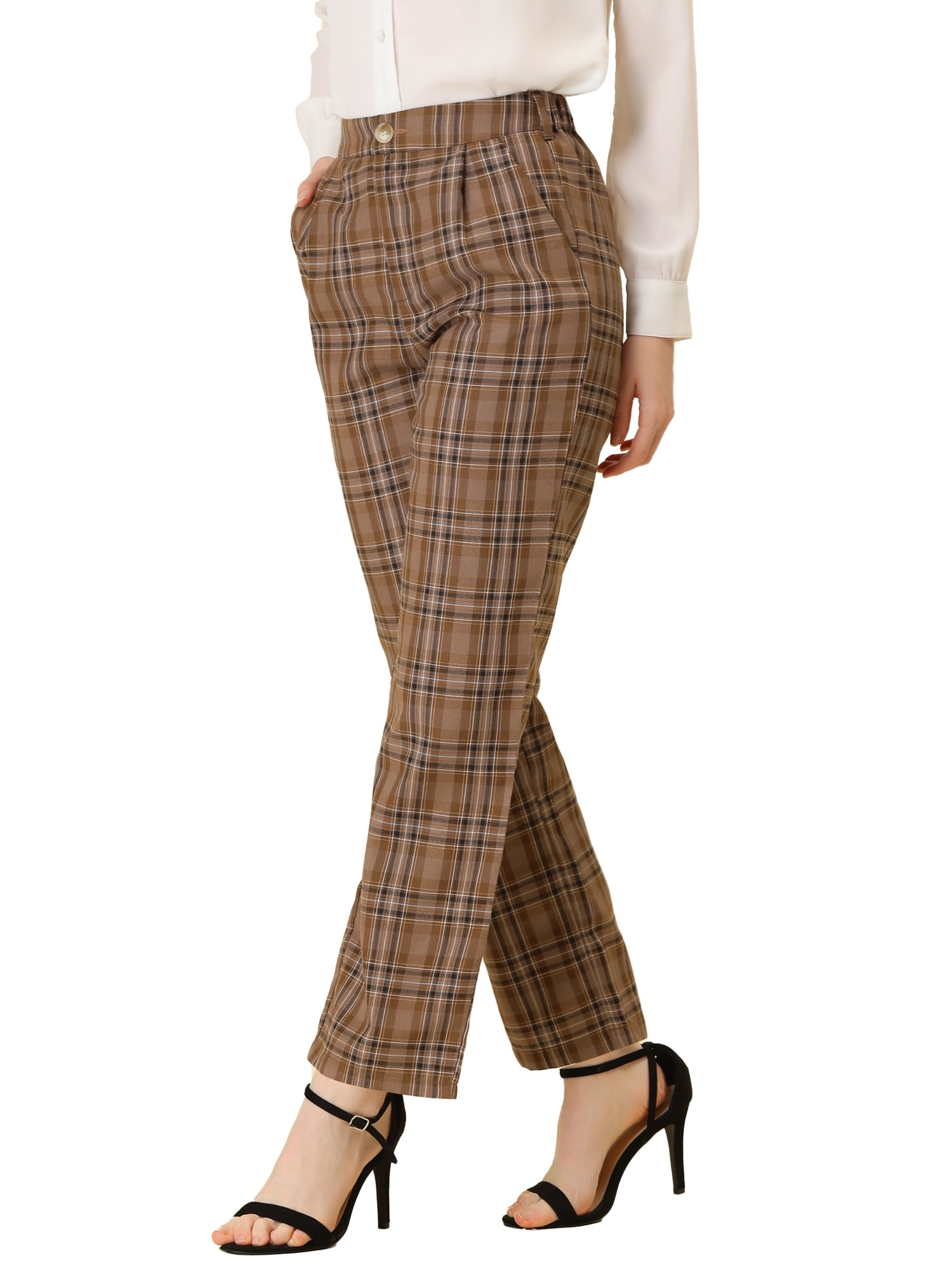 DARING DIVA Women's Plaid Trousers Pockets Straight Leg Casual Pant XL Brown