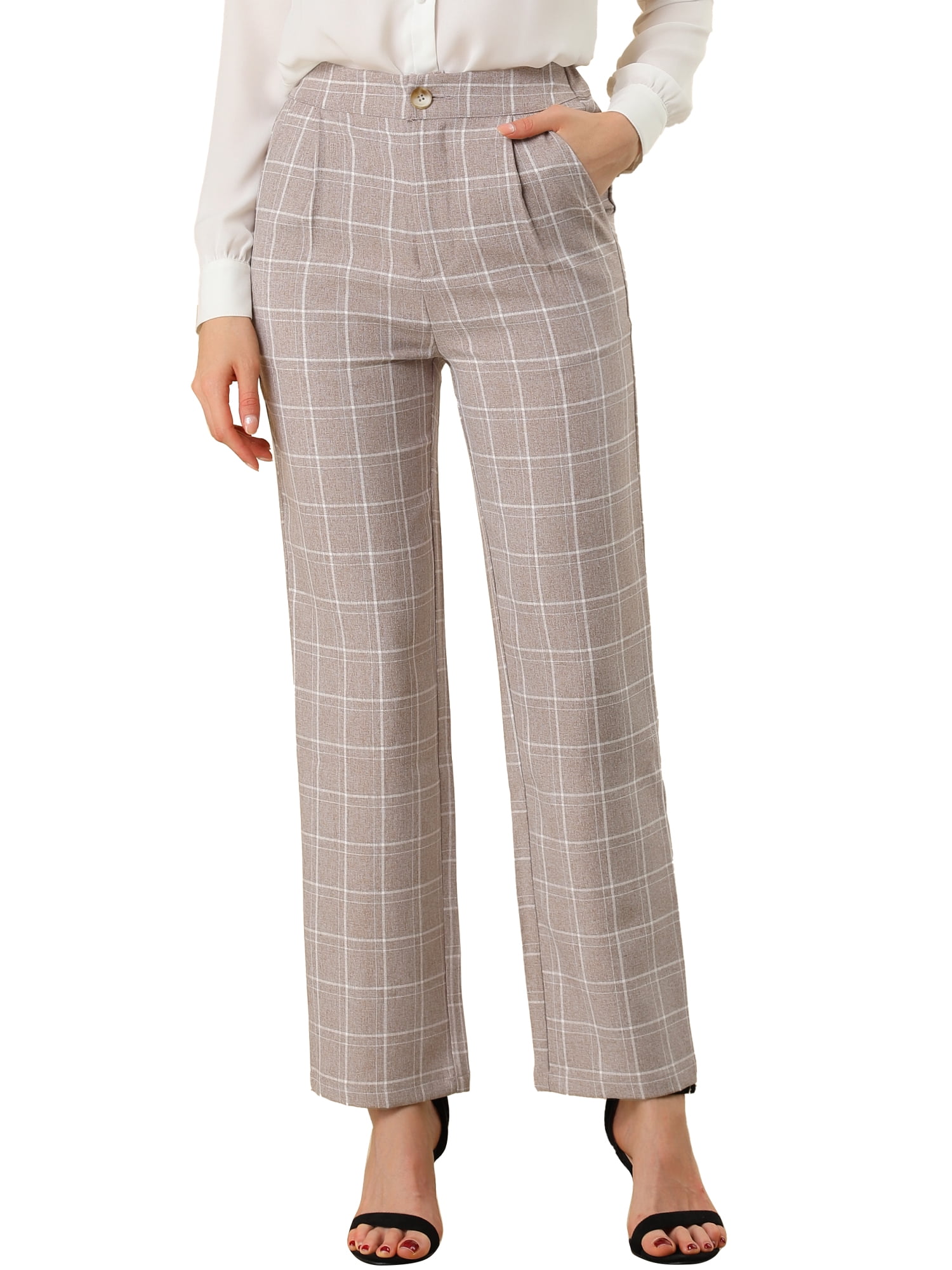 DARING DIVA Women's Plaid Trousers Pockets Straight Leg Casual Pant XL Camel