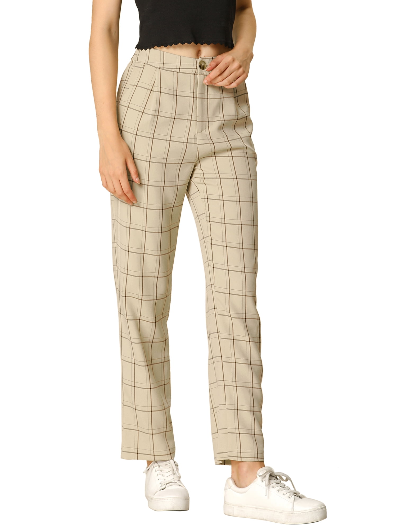 DARING DIVA Women's Plaid Trousers Pockets Straight Leg Casual Pant XL Khaki