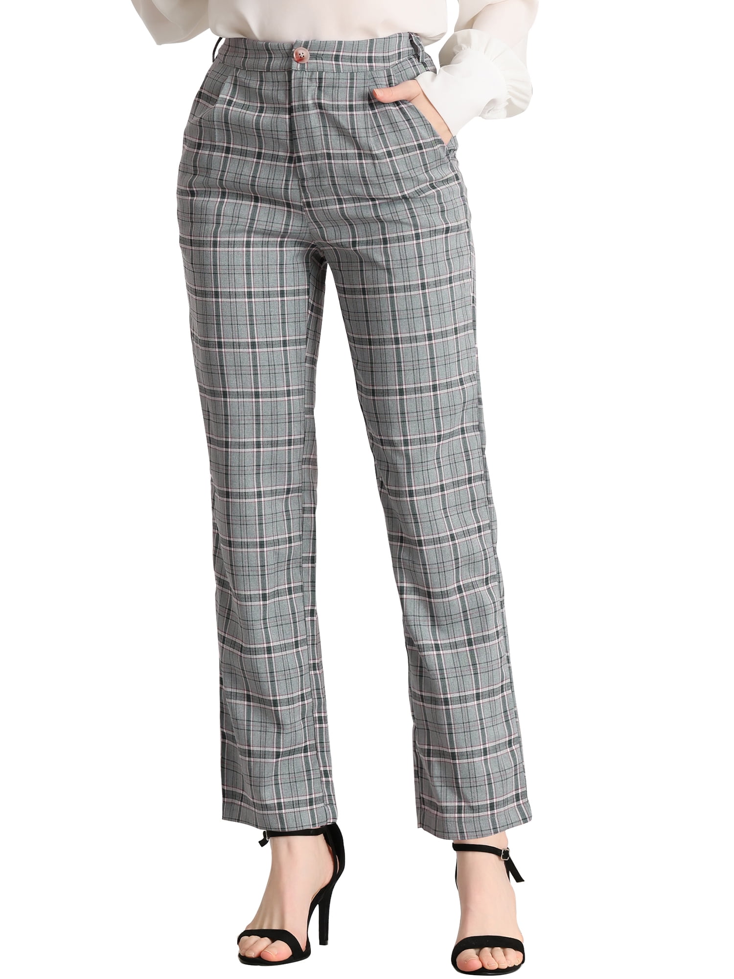 DARING DIVA Women's Plaid Trousers Pockets Straight Leg Casual Pant XL Light Gray Blue