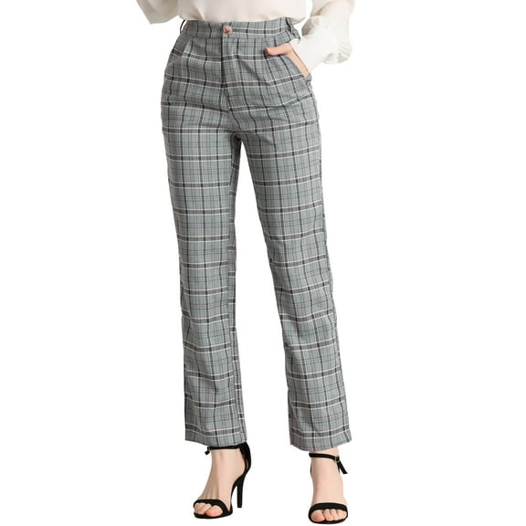 DARING DIVA Women's Plaid Trousers Pockets Straight Leg Casual Pant XL Light Gray Blue