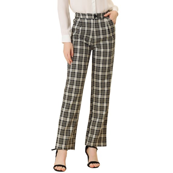 DARING DIVA Women's Plaid Trousers Pockets Straight Leg Casual Pant XS Black Beige