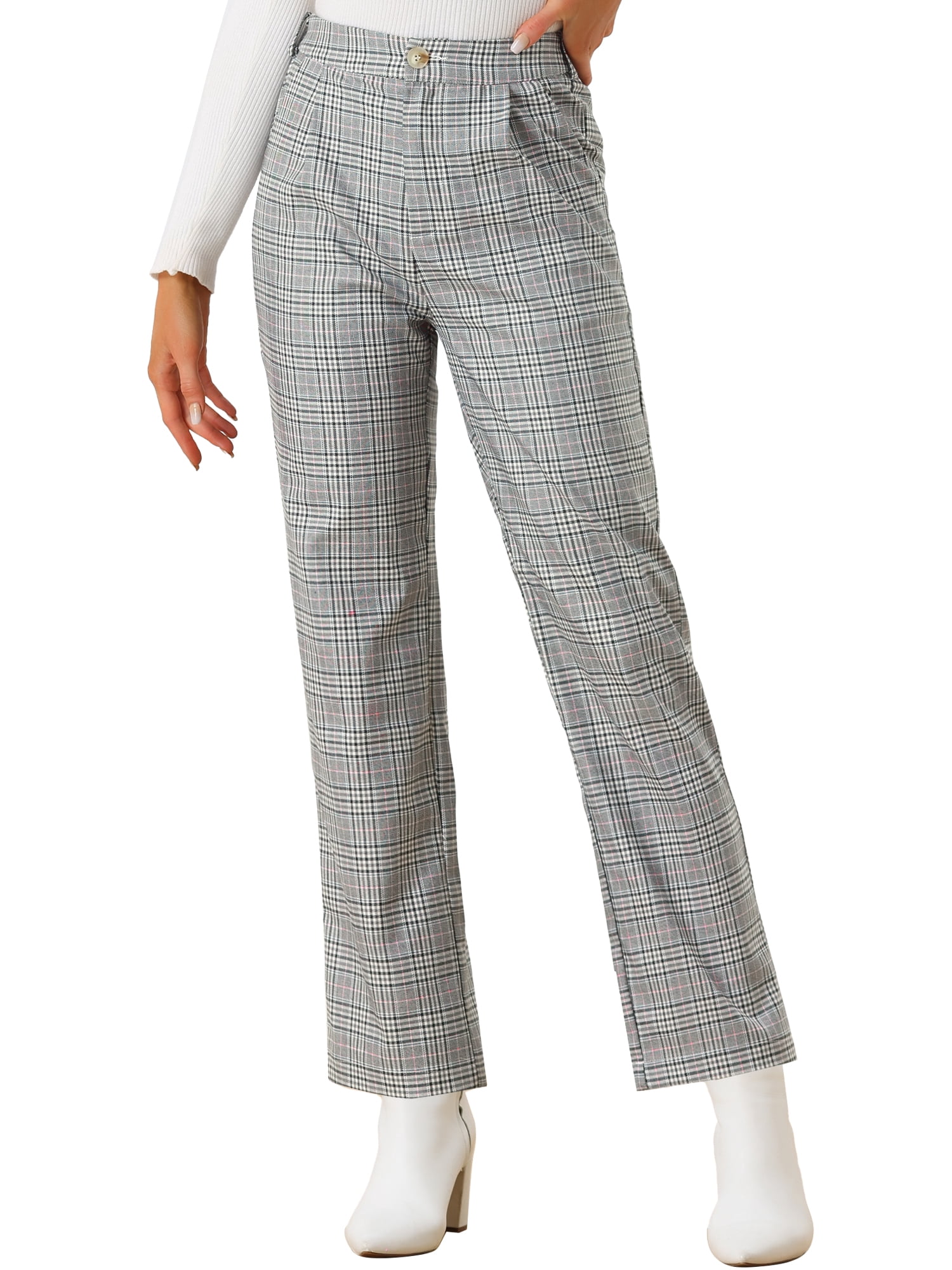 DARING DIVA Women's Plaid Trousers Pockets Straight Leg Casual Pant XS Black Gray