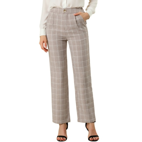 DARING DIVA Women's Plaid Trousers Pockets Straight Leg Casual Pant XS Camel