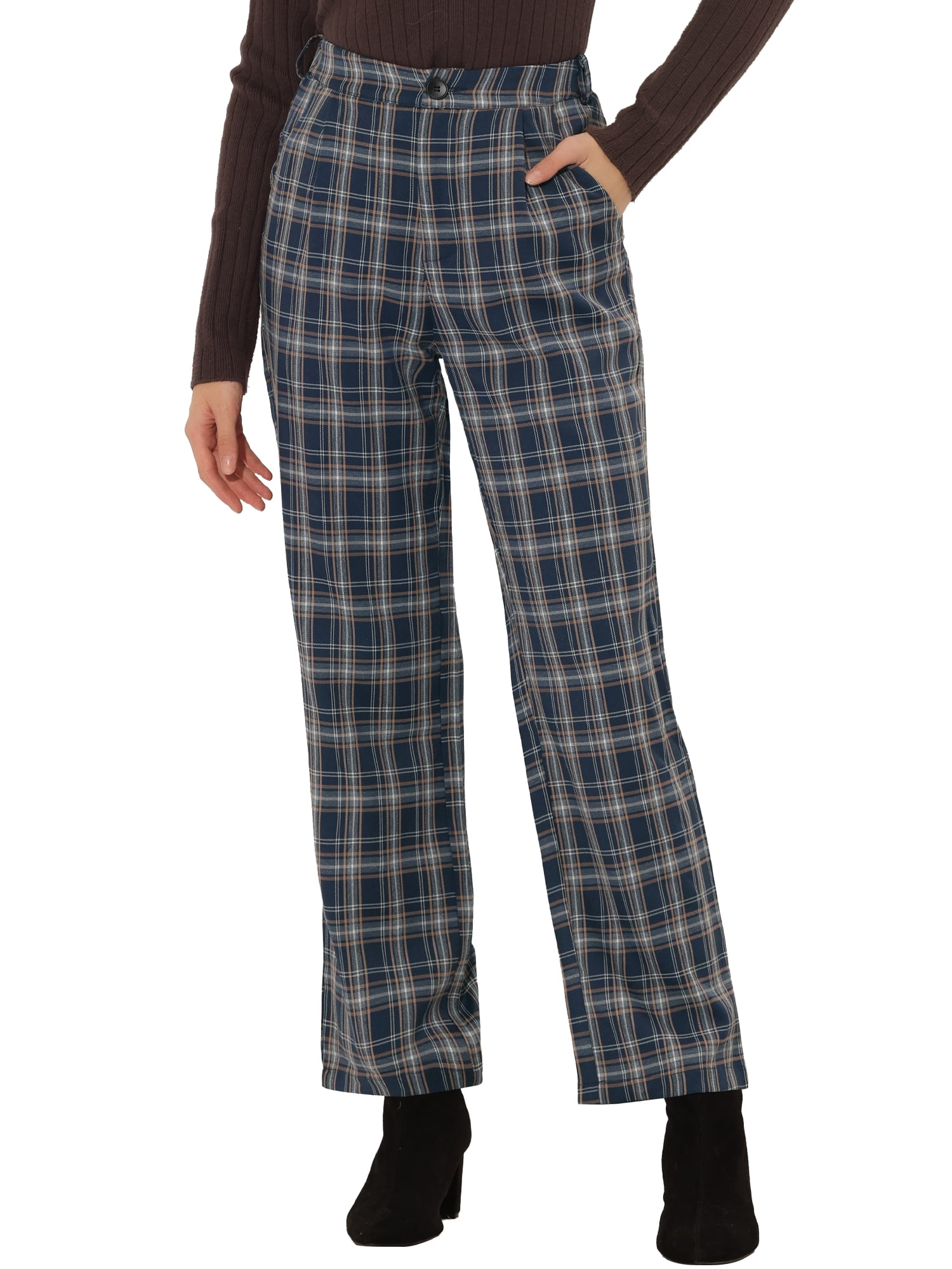 DARING DIVA Women's Plaid Trousers Pockets Straight Leg Casual Pant XS Dark Blue Beige