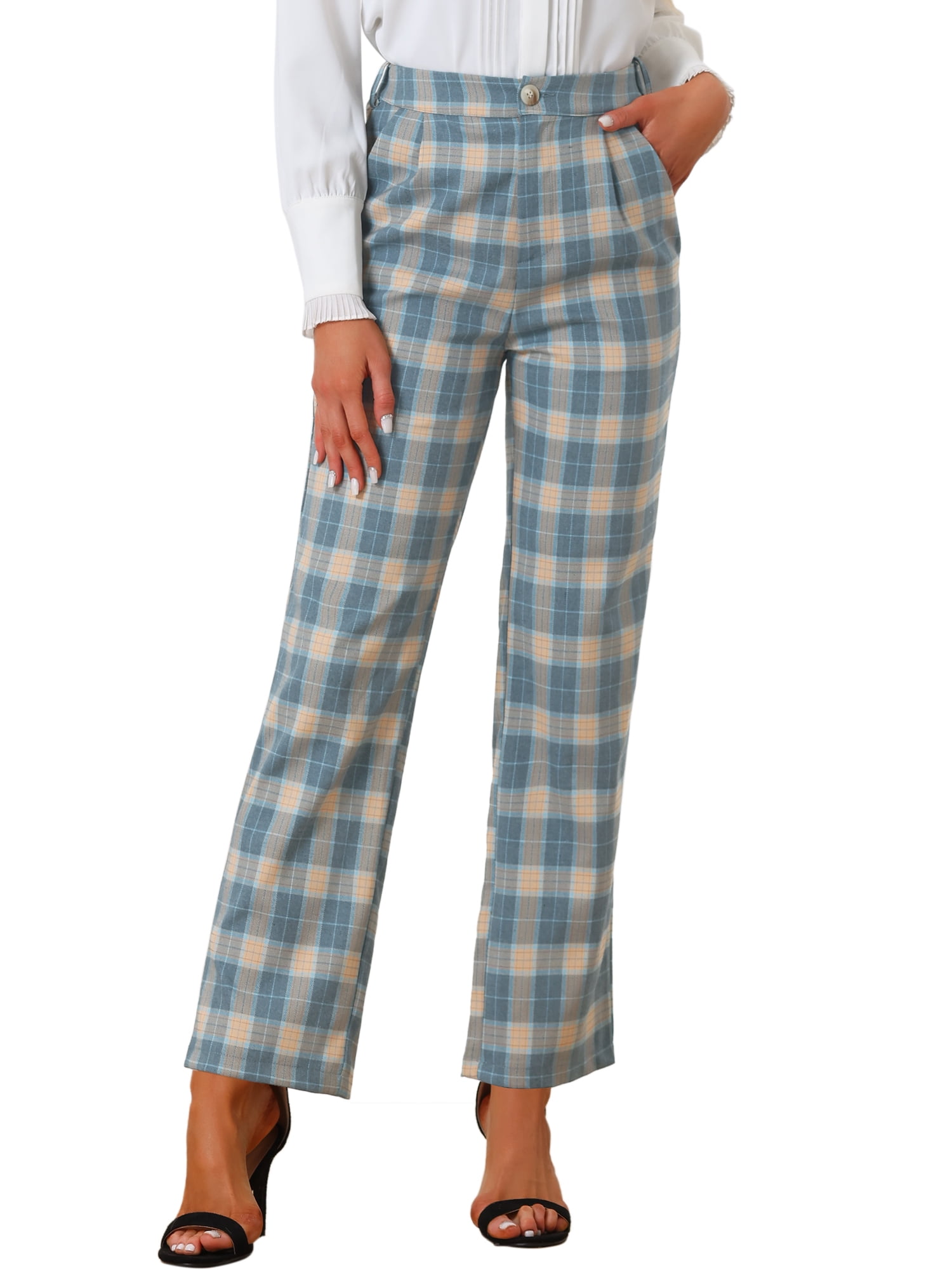 DARING DIVA Women's Plaid Trousers Pockets Straight Leg Casual Pant XS Khaki Gray Blue