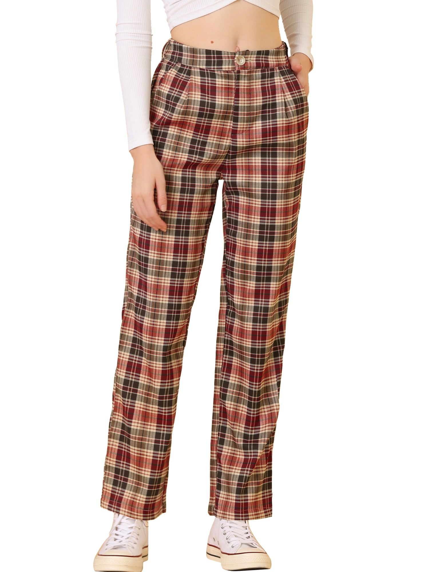 DARING DIVA Women's Plaid Trousers Pockets Straight Leg Casual Pant XS Red Brown Beige