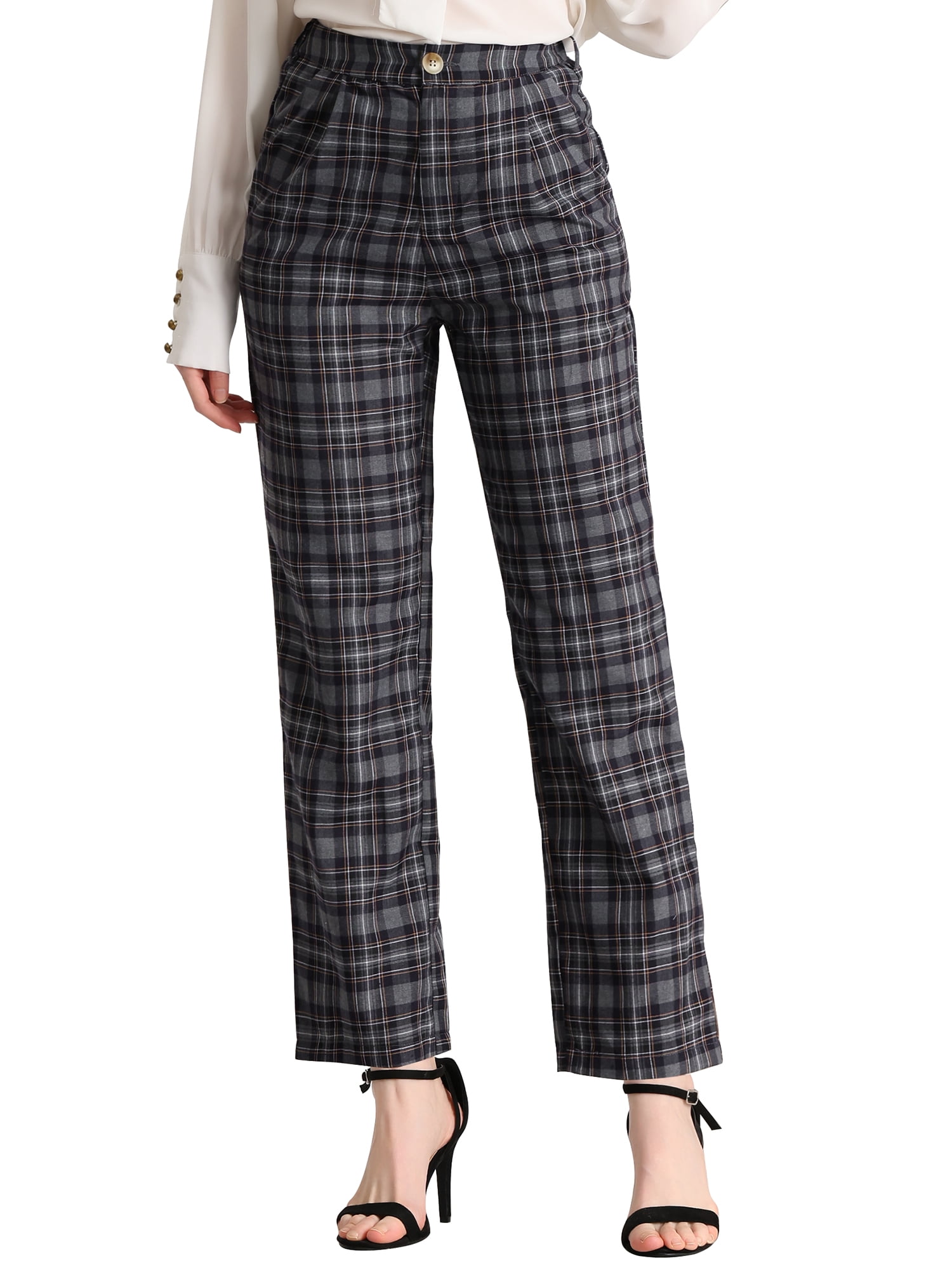 DARING DIVA Women's Plaid Trousers Pockets Straight Leg Casual Pant XS dark Gray Black