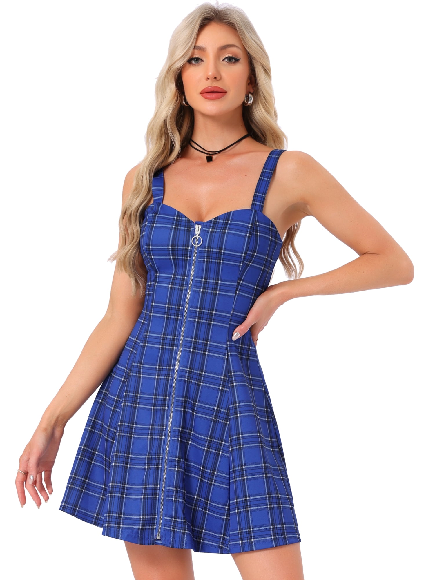 DARING DIVA Women's Plaid Tube Zip Up Strap Sleeveless Mini A-Line Dress L Blue Black