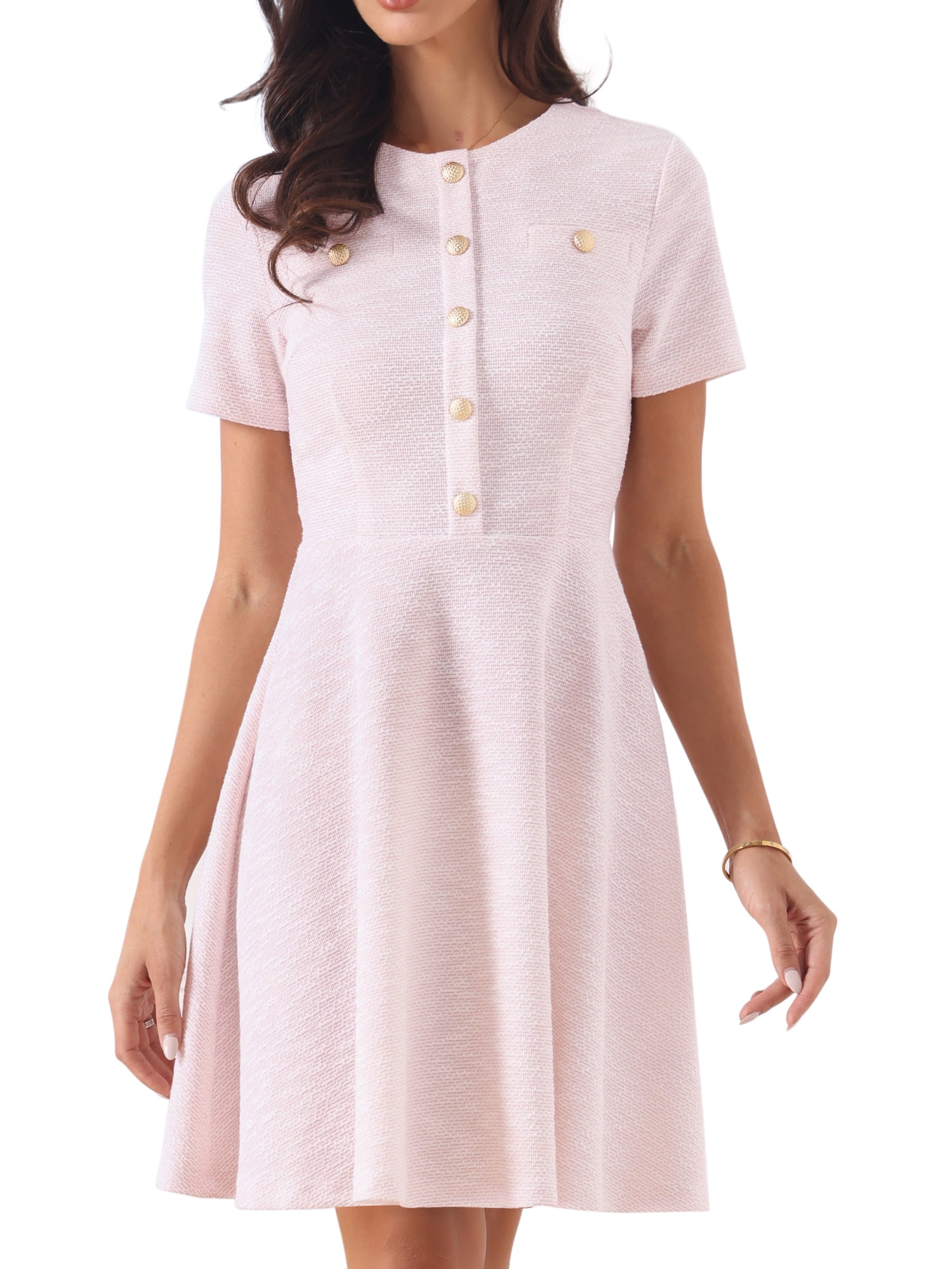 DARING DIVA Women's Plaid Tweed Button Up Round Neck Short Sleeve Dress L Pink