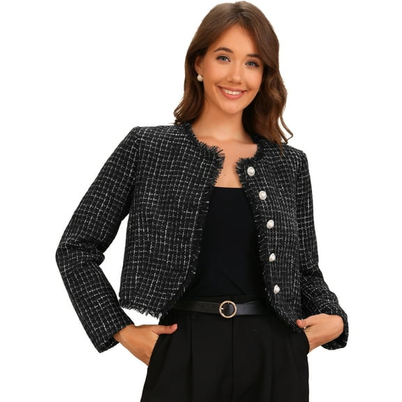 DARING DIVA Women's Plaid Tweed Cropped Button Up Elegant Work Jackets L Black