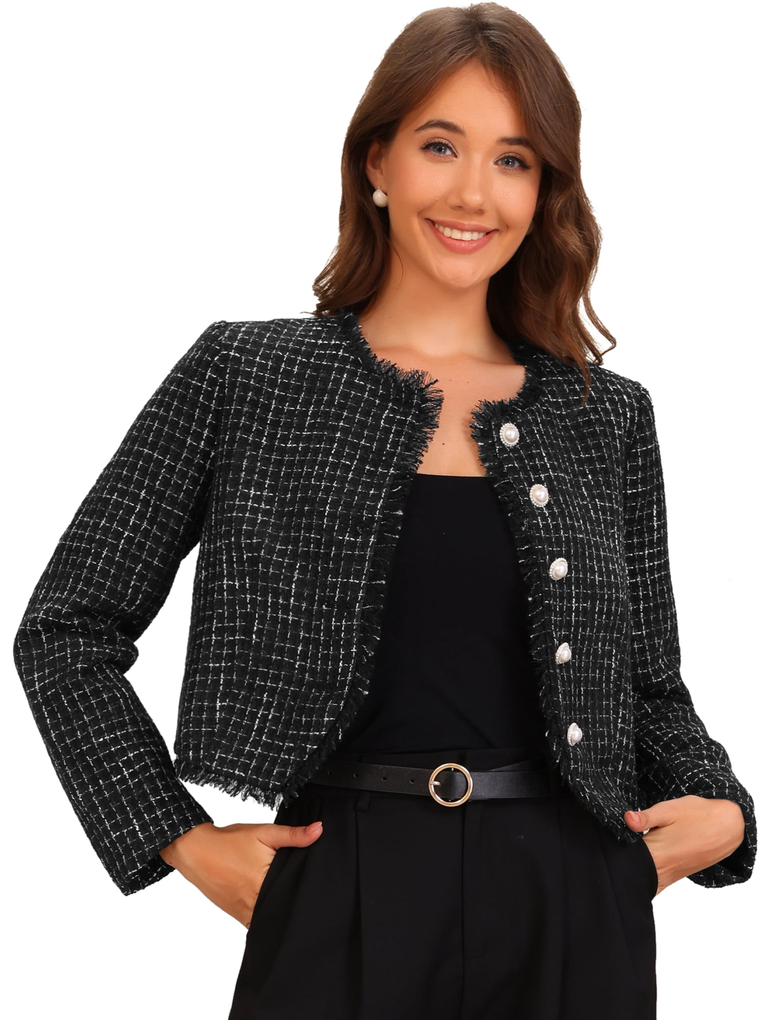 DARING DIVA Women's Plaid Tweed Cropped Button Up Elegant Work Jackets XL Black