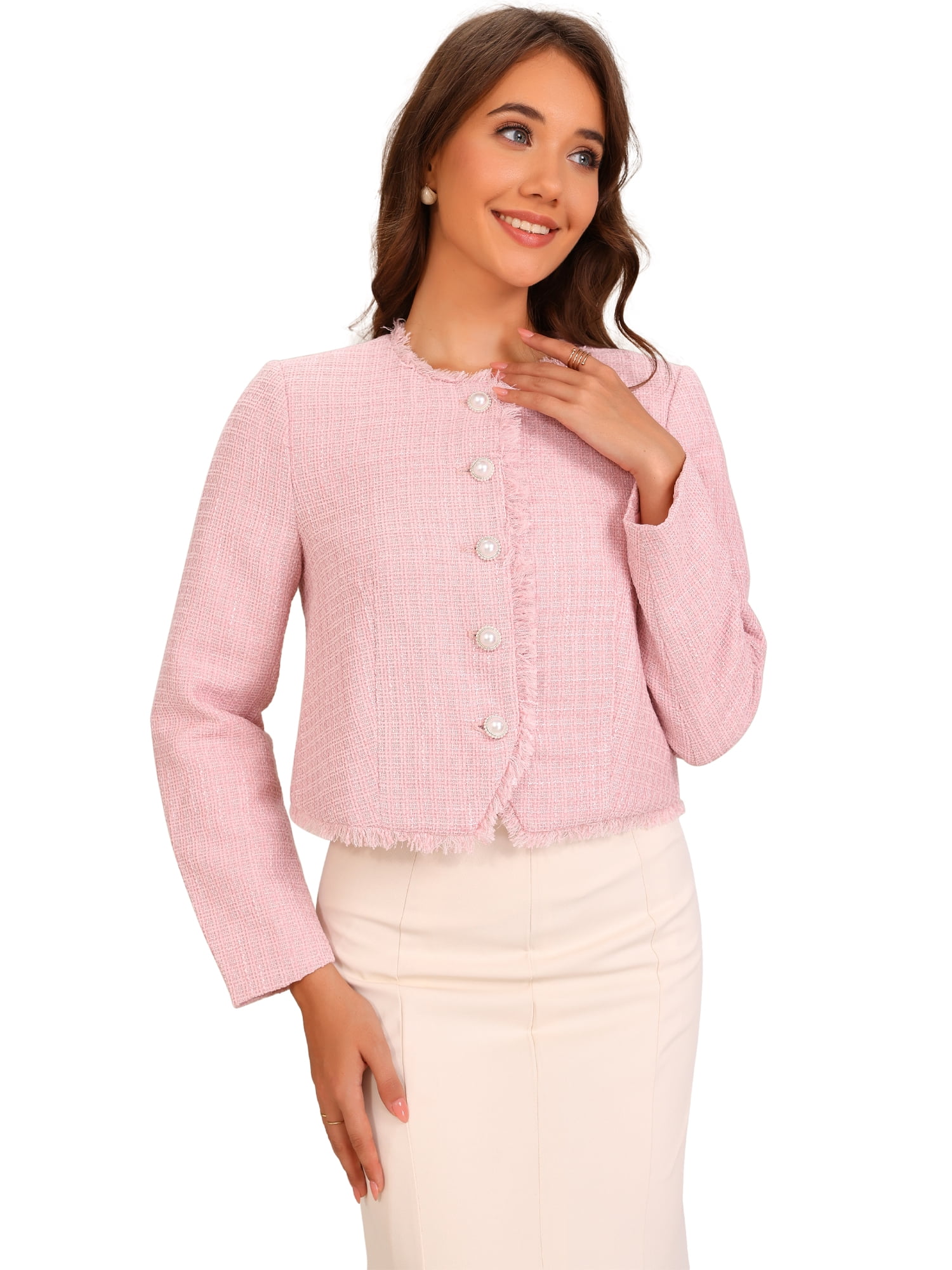 DARING DIVA Women's Plaid Tweed Cropped Button Up Elegant Work Jackets XL Pink