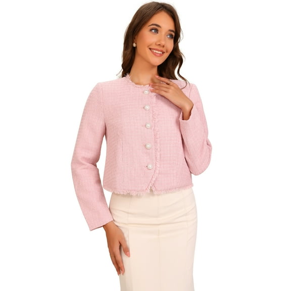 DARING DIVA Women's Plaid Tweed Cropped Button Up Elegant Work Jackets XL Pink