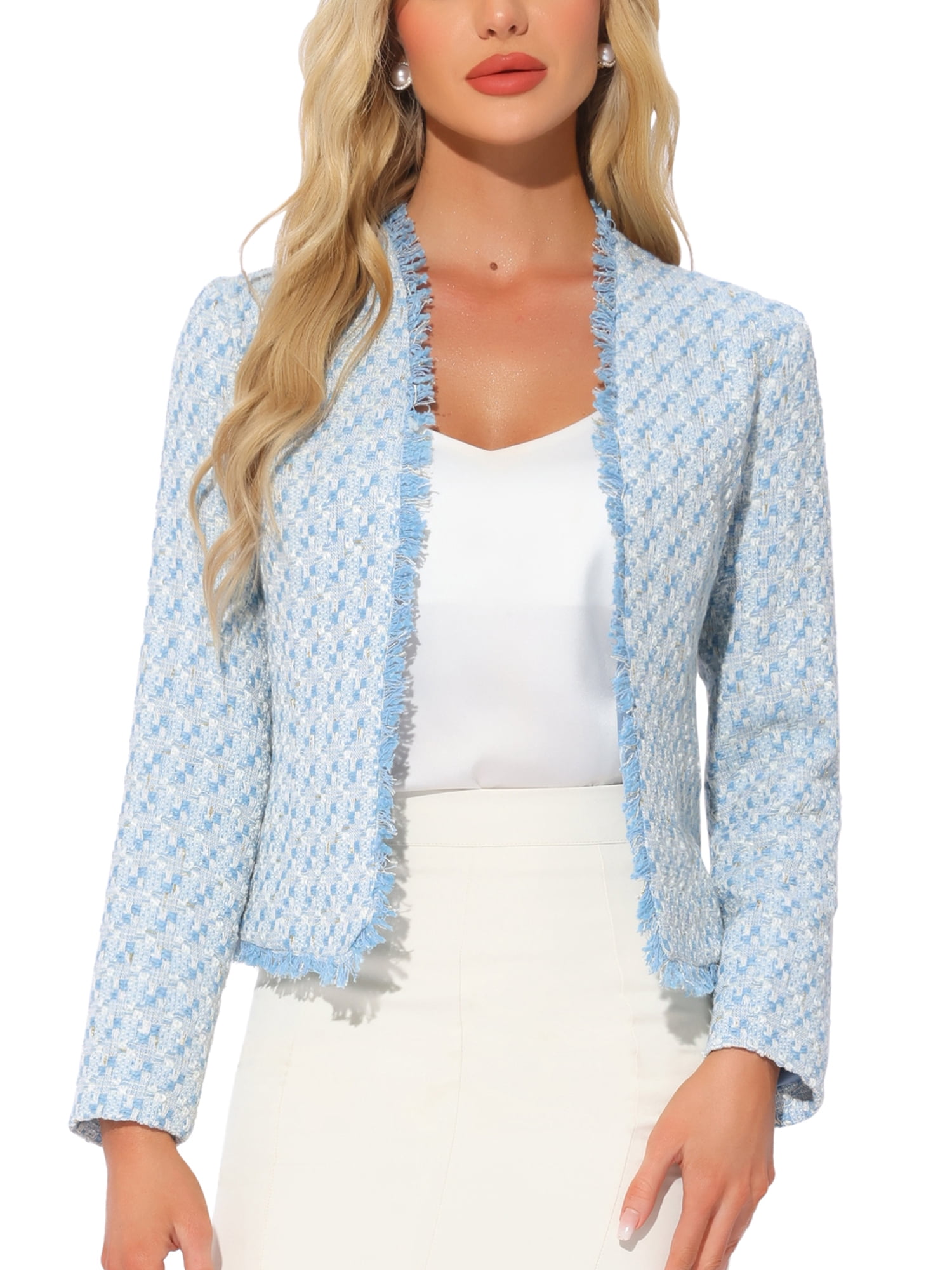 DARING DIVA Women's Plaid Tweed Long Sleeve Open Front Work Office Jacket XL Blue