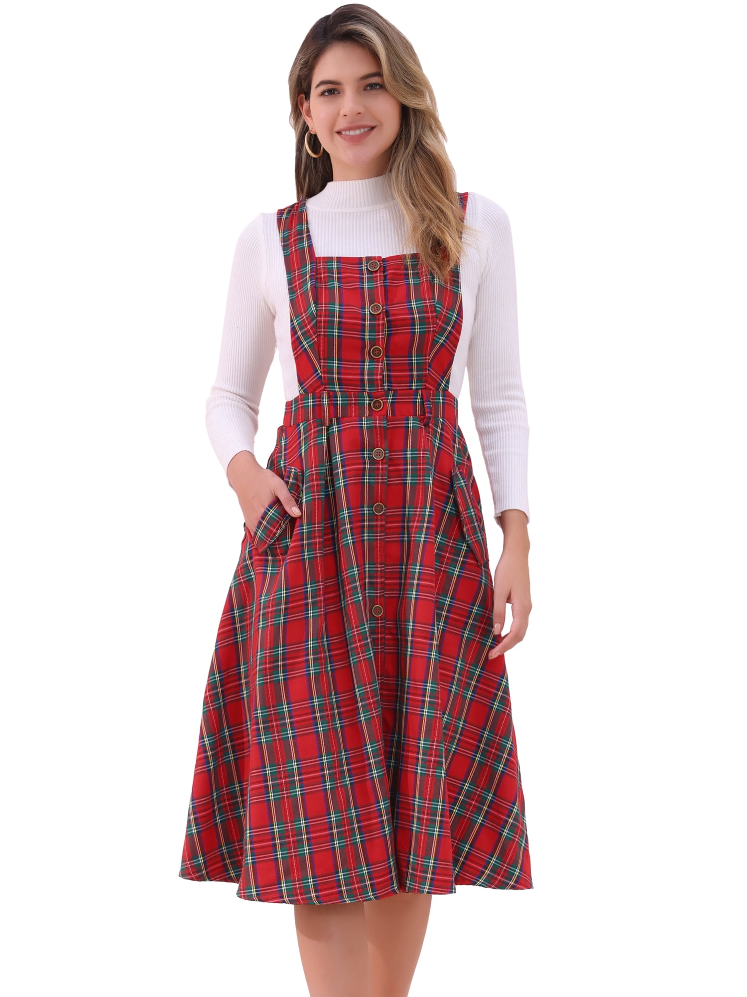 DARING DIVA Women's Plaid Vintage A Line Pinafore Dress L Red Green