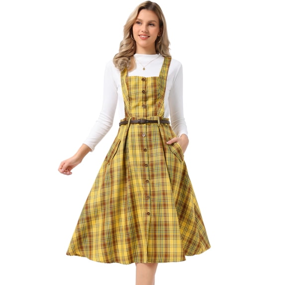 DARING DIVA Women's Plaid Vintage A Line Pinafore Dress Medium Yellow