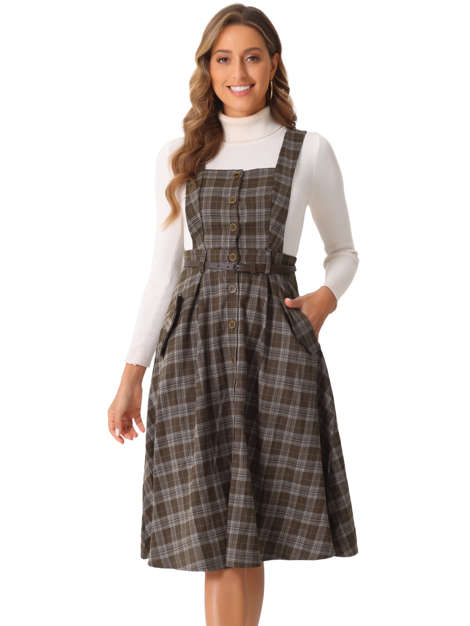 brown plaid pinafore dress Daring Diva Women's Plaid Vintage A Line Pinafore Dress S Brown, Size: Small