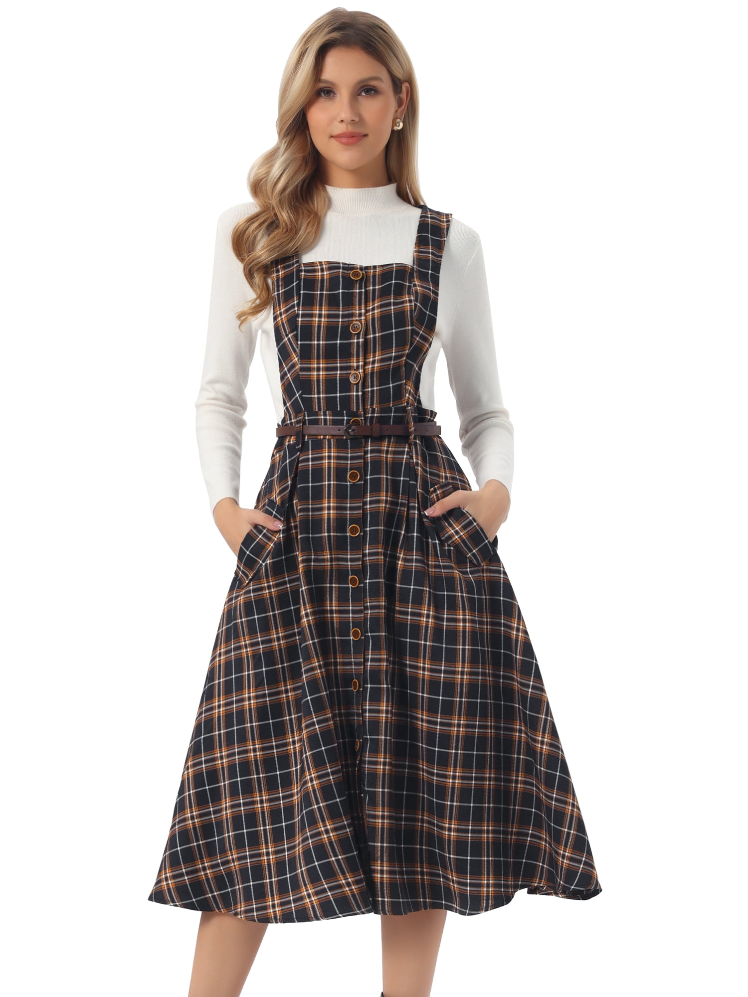 DARING DIVA Women's Plaid Vintage A Line Pinafore Dress Small Blue