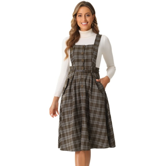 DARING DIVA Women's Plaid Vintage A Line Pinafore Dress XL Brown