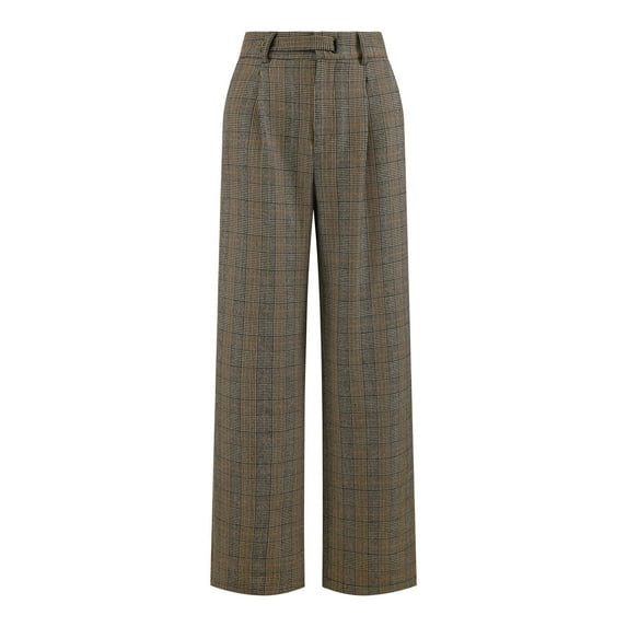 DARING DIVA Women's Plaid Vintage Houndstooth Wide Leg Trousers for Work L Brown