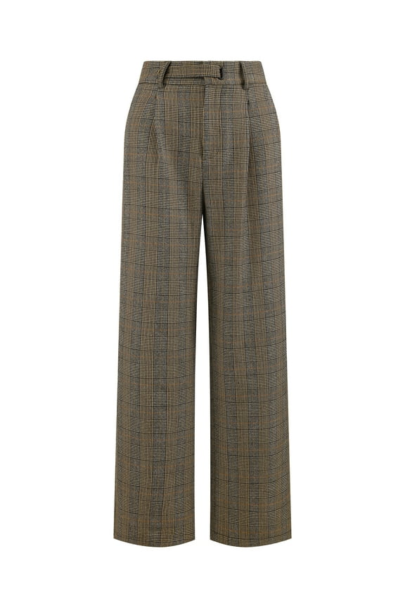 Women's Plaid Vintage Houndstooth Wide Leg Trousers for Work M Brown