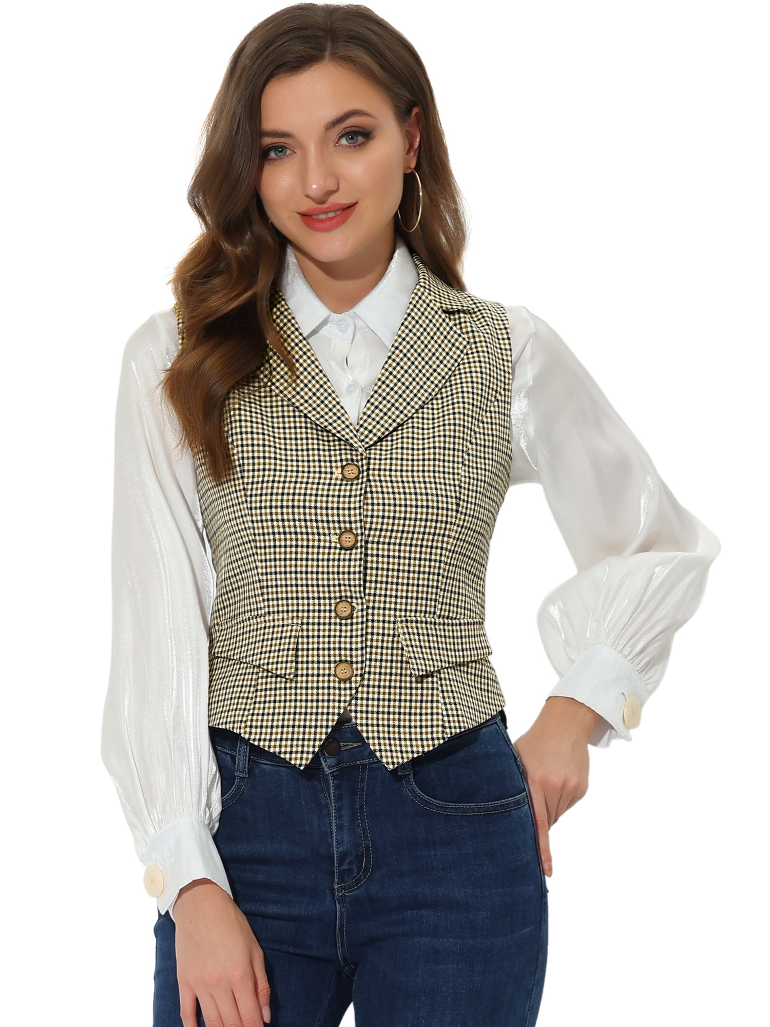 DARING DIVA Women's Plaid Waistcoat Notched Lapel Collar Vintage Vest 2XL Brown