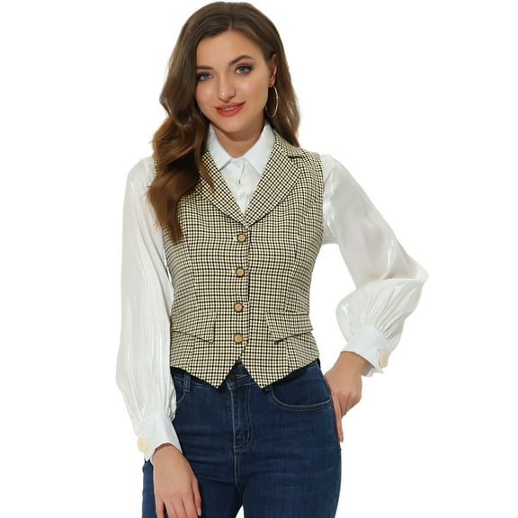 DARING DIVA Women's Plaid Waistcoat Notched Lapel Collar Vintage Vest 3XL Brown