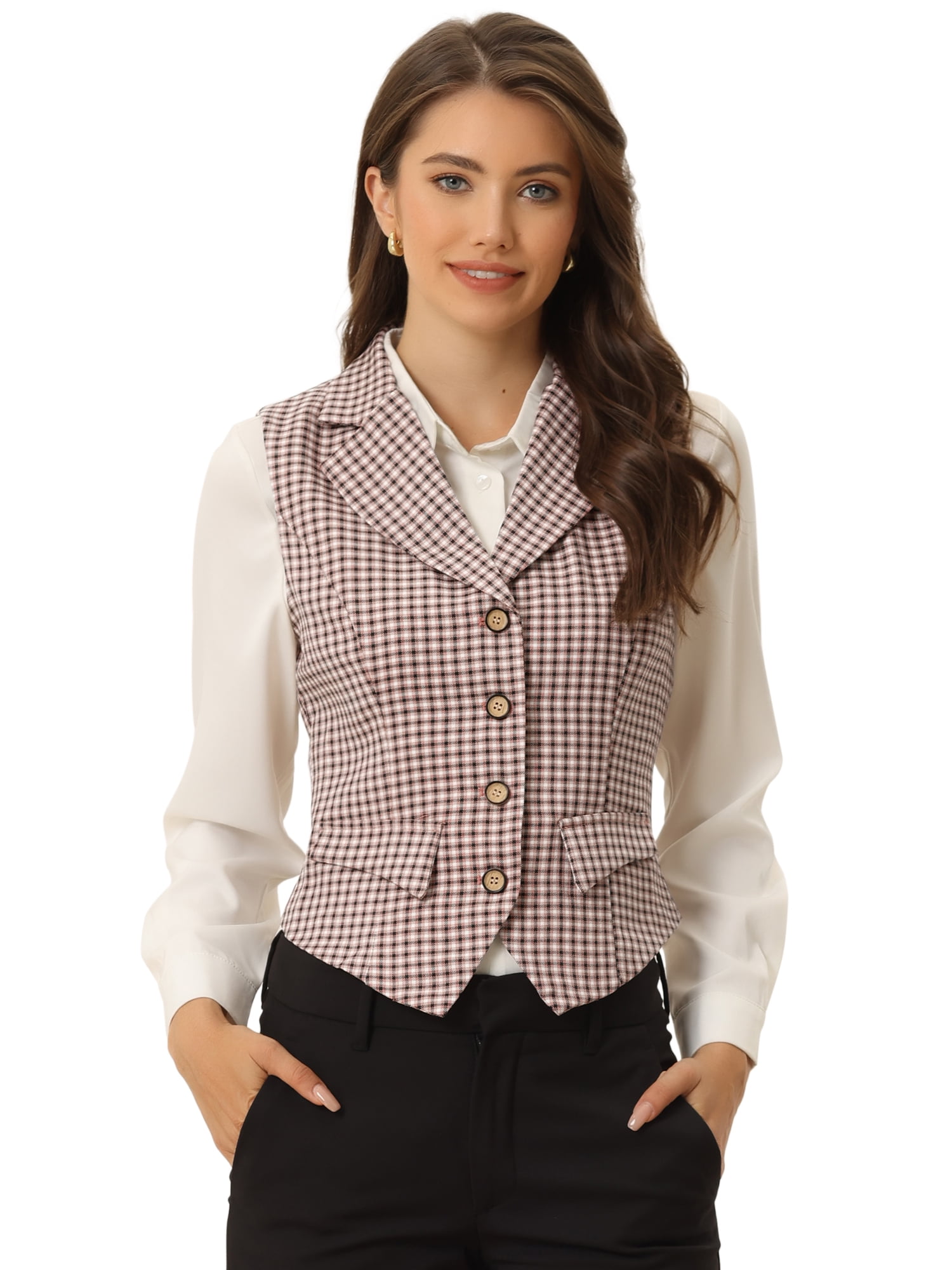 DARING DIVA Women's Plaid Waistcoat Notched Lapel Collar Vintage Vest L Pink
