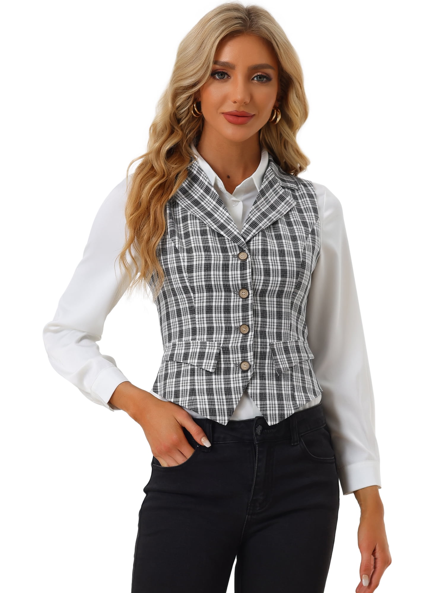 DARING DIVA Women's Plaid Waistcoat Notched Lapel Collar Vintage Vest M Black